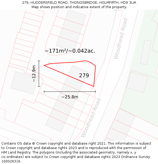 279, HUDDERSFIELD ROAD, THONGSBRIDGE, HOLMFIRTH, HD9 3UA: Plot and title map