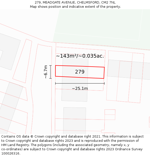 279, MEADGATE AVENUE, CHELMSFORD, CM2 7NL: Plot and title map