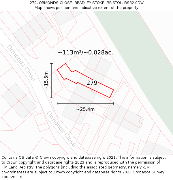 279, ORMONDS CLOSE, BRADLEY STOKE, BRISTOL, BS32 0DW: Plot and title map