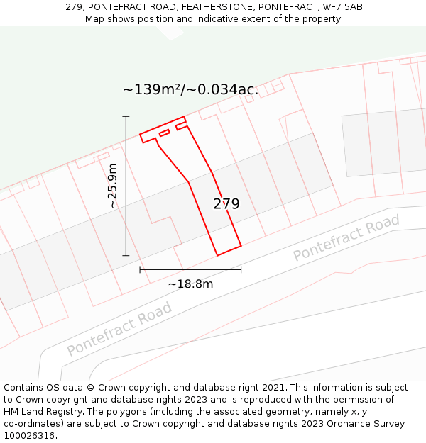 279, PONTEFRACT ROAD, FEATHERSTONE, PONTEFRACT, WF7 5AB: Plot and title map