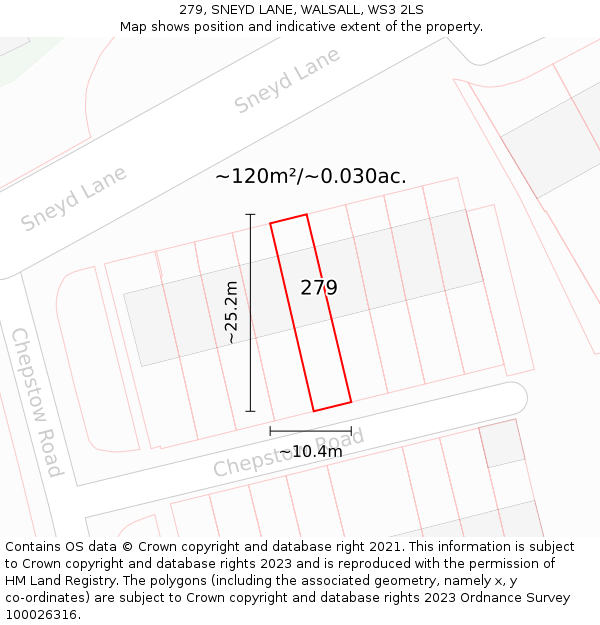 279, SNEYD LANE, WALSALL, WS3 2LS: Plot and title map