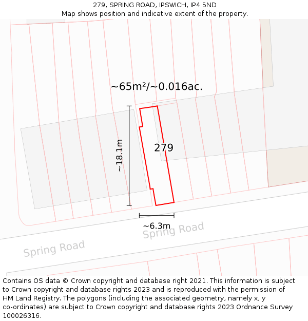 279, SPRING ROAD, IPSWICH, IP4 5ND: Plot and title map