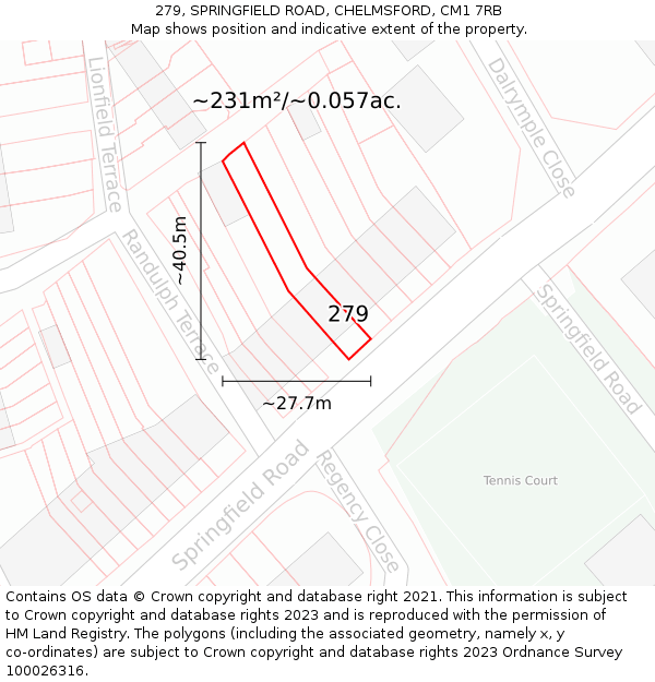 279, SPRINGFIELD ROAD, CHELMSFORD, CM1 7RB: Plot and title map