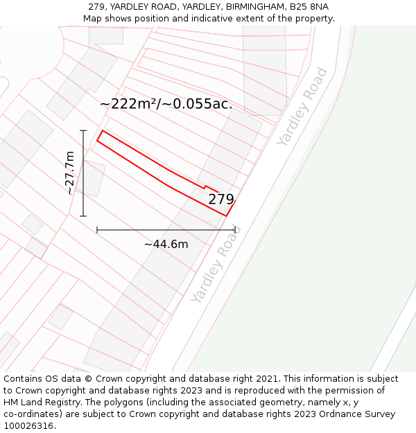 279, YARDLEY ROAD, YARDLEY, BIRMINGHAM, B25 8NA: Plot and title map