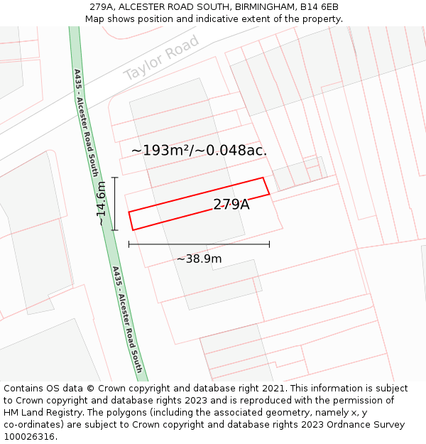 279A, ALCESTER ROAD SOUTH, BIRMINGHAM, B14 6EB: Plot and title map