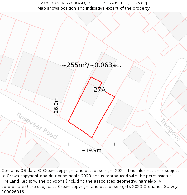 27A, ROSEVEAR ROAD, BUGLE, ST AUSTELL, PL26 8PJ: Plot and title map