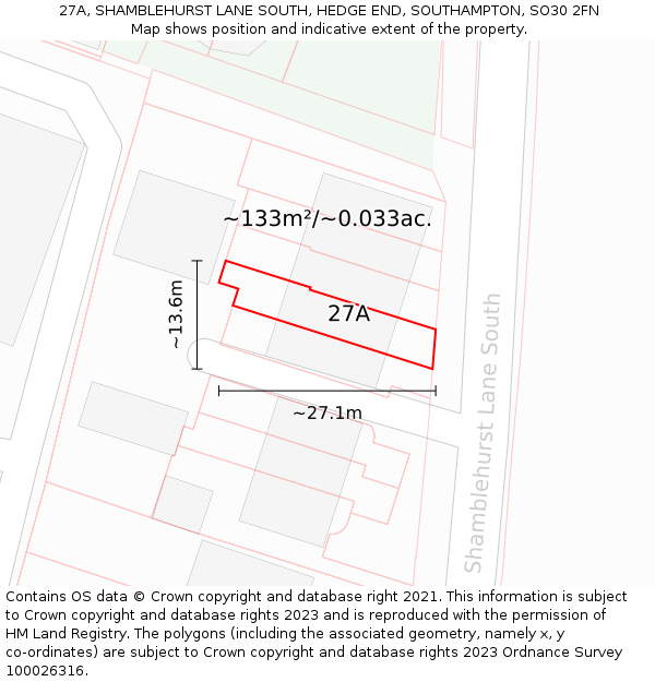 27A, SHAMBLEHURST LANE SOUTH, HEDGE END, SOUTHAMPTON, SO30 2FN: Plot and title map