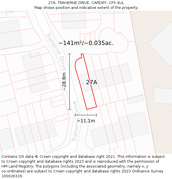27A, TRAHERNE DRIVE, CARDIFF, CF5 4UL: Plot and title map