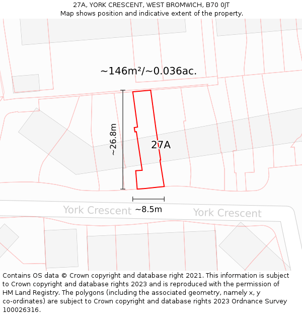 27A, YORK CRESCENT, WEST BROMWICH, B70 0JT: Plot and title map