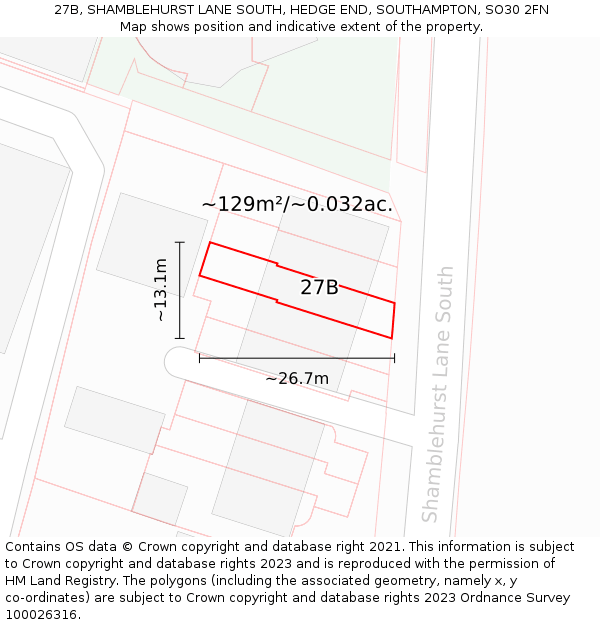 27B, SHAMBLEHURST LANE SOUTH, HEDGE END, SOUTHAMPTON, SO30 2FN: Plot and title map