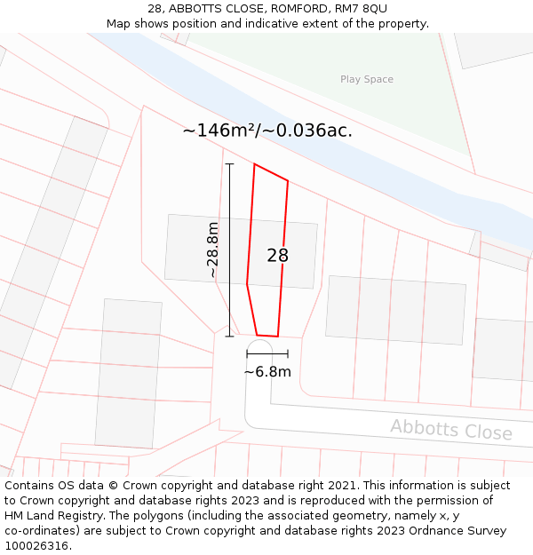 28, ABBOTTS CLOSE, ROMFORD, RM7 8QU: Plot and title map