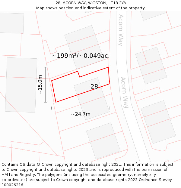 28, ACORN WAY, WIGSTON, LE18 3YA: Plot and title map