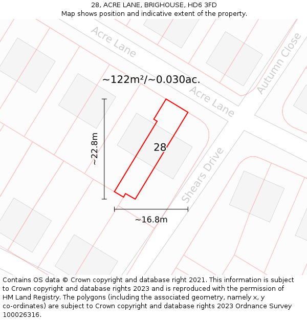 28, ACRE LANE, BRIGHOUSE, HD6 3FD: Plot and title map