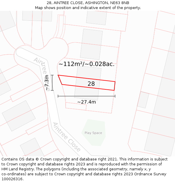 28, AINTREE CLOSE, ASHINGTON, NE63 8NB: Plot and title map