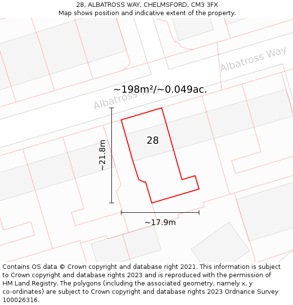 28, ALBATROSS WAY, CHELMSFORD, CM3 3FX: Plot and title map