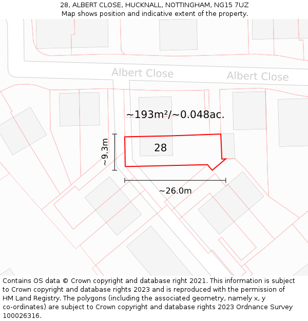 28, ALBERT CLOSE, HUCKNALL, NOTTINGHAM, NG15 7UZ: Plot and title map