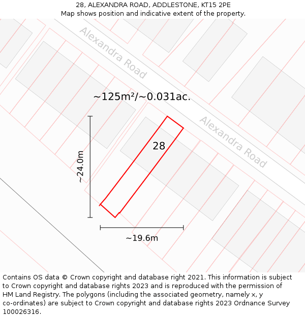 28, ALEXANDRA ROAD, ADDLESTONE, KT15 2PE: Plot and title map