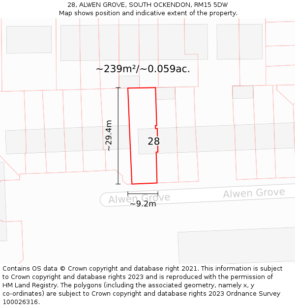 28, ALWEN GROVE, SOUTH OCKENDON, RM15 5DW: Plot and title map