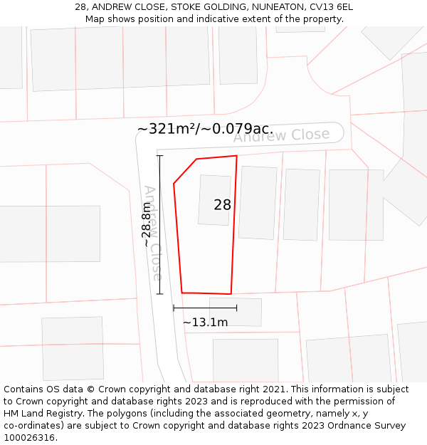 28, ANDREW CLOSE, STOKE GOLDING, NUNEATON, CV13 6EL: Plot and title map