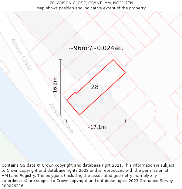 28, ANSON CLOSE, GRANTHAM, NG31 7EN: Plot and title map
