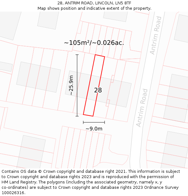 28, ANTRIM ROAD, LINCOLN, LN5 8TF: Plot and title map
