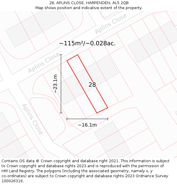 28, APLINS CLOSE, HARPENDEN, AL5 2QB: Plot and title map