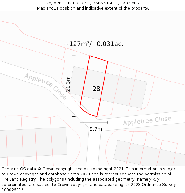 28, APPLETREE CLOSE, BARNSTAPLE, EX32 8PN: Plot and title map