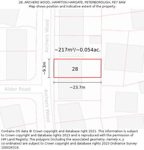 28, ARCHERS WOOD, HAMPTON HARGATE, PETERBOROUGH, PE7 8AW: Plot and title map