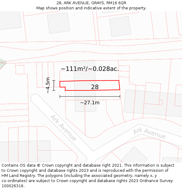 28, ARK AVENUE, GRAYS, RM16 6QR: Plot and title map