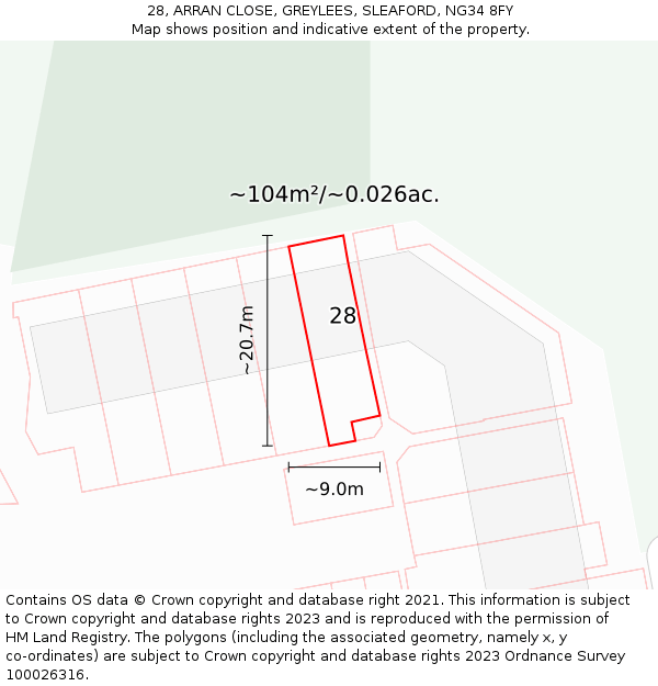 28, ARRAN CLOSE, GREYLEES, SLEAFORD, NG34 8FY: Plot and title map