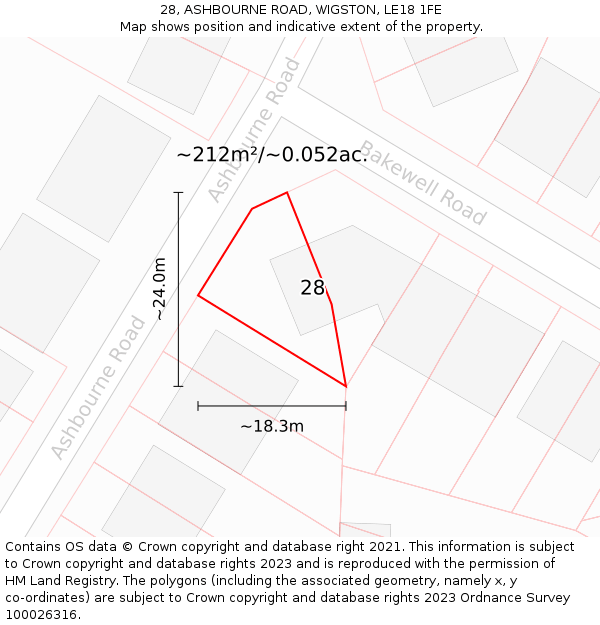 28, ASHBOURNE ROAD, WIGSTON, LE18 1FE: Plot and title map