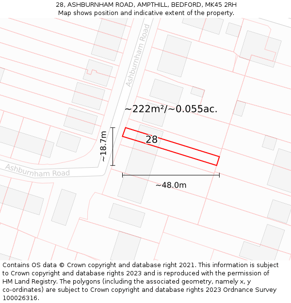 28, ASHBURNHAM ROAD, AMPTHILL, BEDFORD, MK45 2RH: Plot and title map