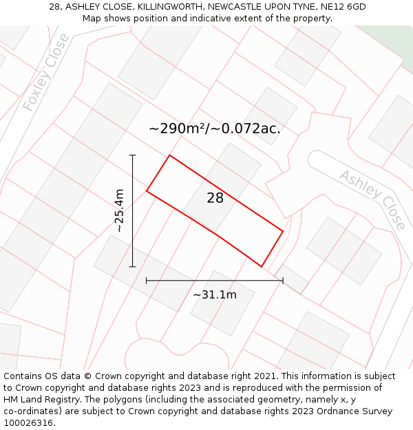 28, ASHLEY CLOSE, KILLINGWORTH, NEWCASTLE UPON TYNE, NE12 6GD: Plot and title map