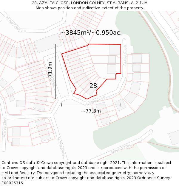 28, AZALEA CLOSE, LONDON COLNEY, ST ALBANS, AL2 1UA: Plot and title map