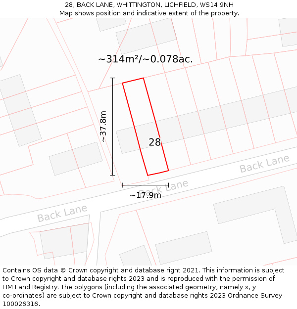 28, BACK LANE, WHITTINGTON, LICHFIELD, WS14 9NH: Plot and title map
