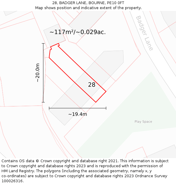 28, BADGER LANE, BOURNE, PE10 0FT: Plot and title map