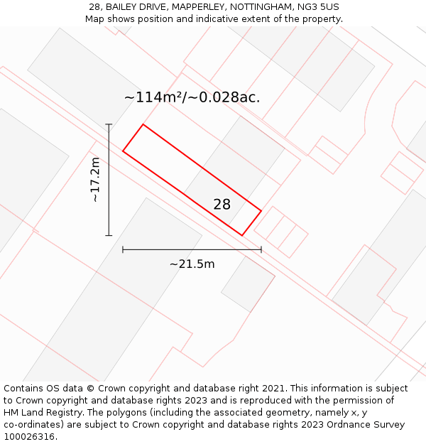 28, BAILEY DRIVE, MAPPERLEY, NOTTINGHAM, NG3 5US: Plot and title map