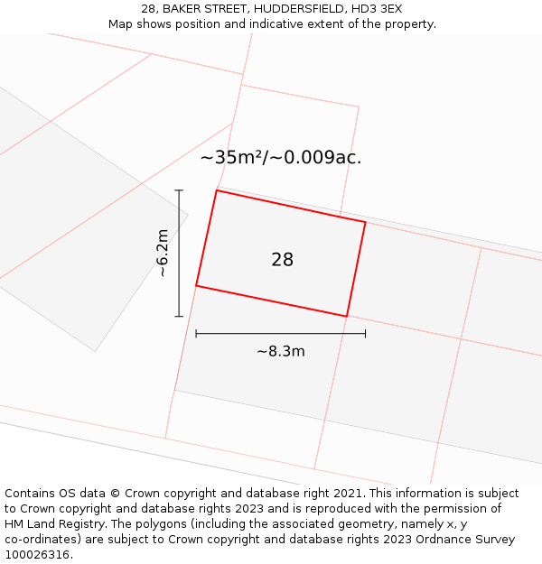 28, BAKER STREET, HUDDERSFIELD, HD3 3EX: Plot and title map
