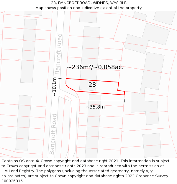 28, BANCROFT ROAD, WIDNES, WA8 3LR: Plot and title map