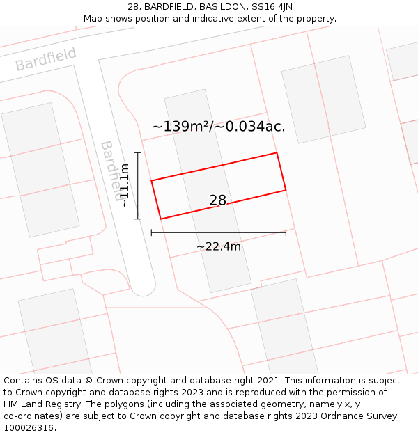 28, BARDFIELD, BASILDON, SS16 4JN: Plot and title map