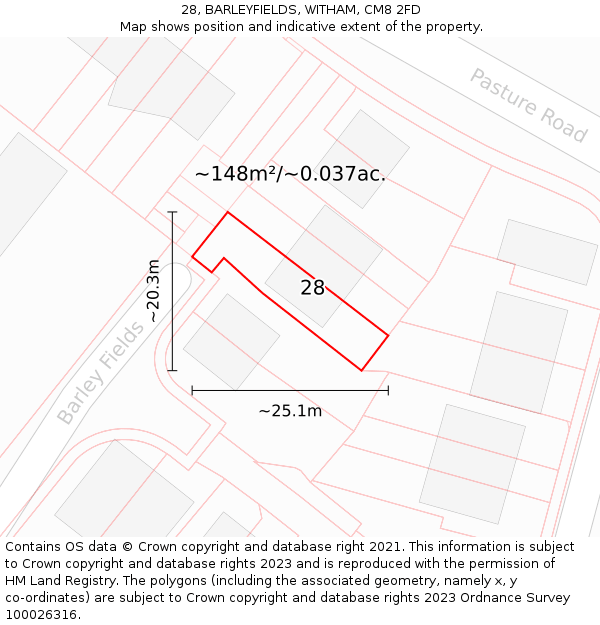 28, BARLEYFIELDS, WITHAM, CM8 2FD: Plot and title map