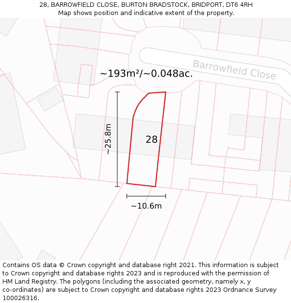 28, BARROWFIELD CLOSE, BURTON BRADSTOCK, BRIDPORT, DT6 4RH: Plot and title map