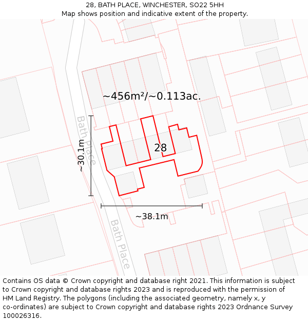28, BATH PLACE, WINCHESTER, SO22 5HH: Plot and title map