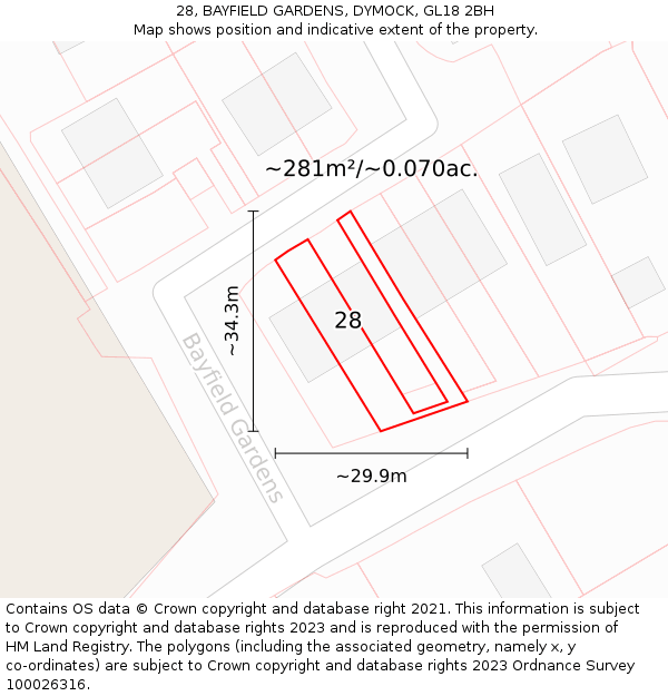 28, BAYFIELD GARDENS, DYMOCK, GL18 2BH: Plot and title map