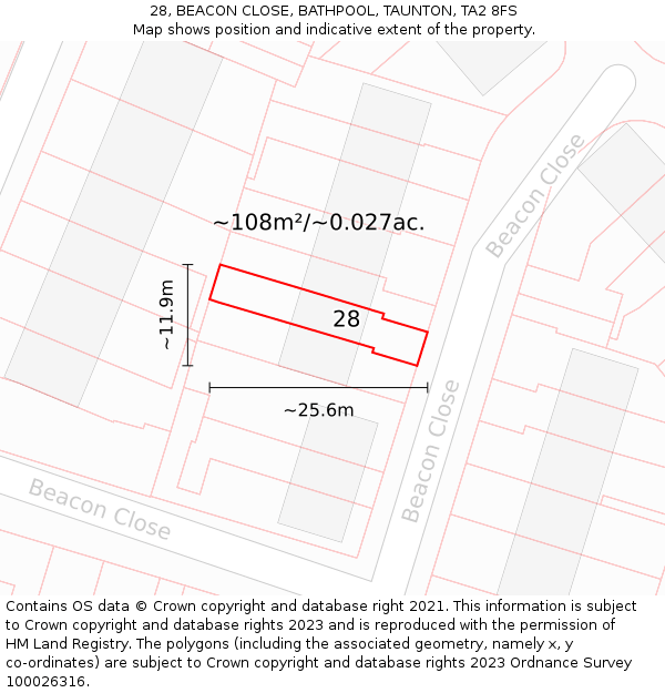 28, BEACON CLOSE, BATHPOOL, TAUNTON, TA2 8FS: Plot and title map