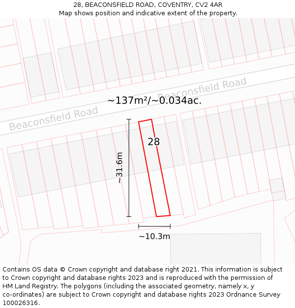 28, BEACONSFIELD ROAD, COVENTRY, CV2 4AR: Plot and title map