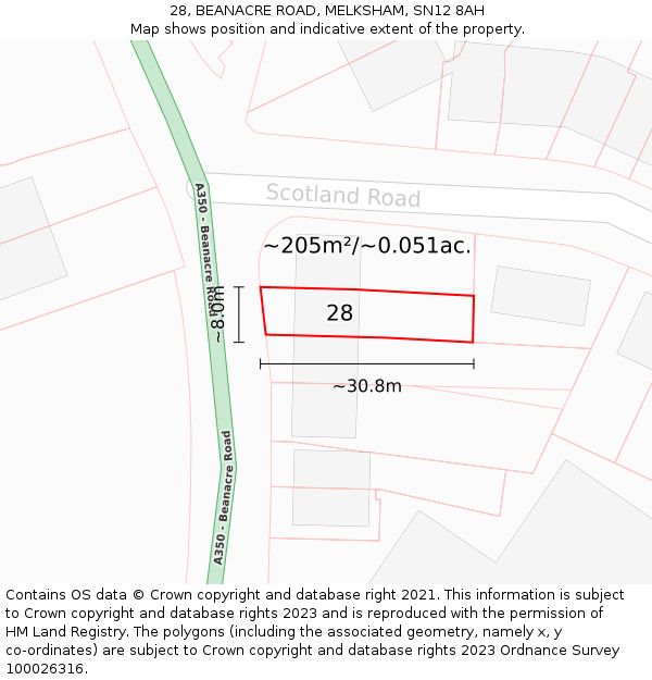 28, BEANACRE ROAD, MELKSHAM, SN12 8AH: Plot and title map