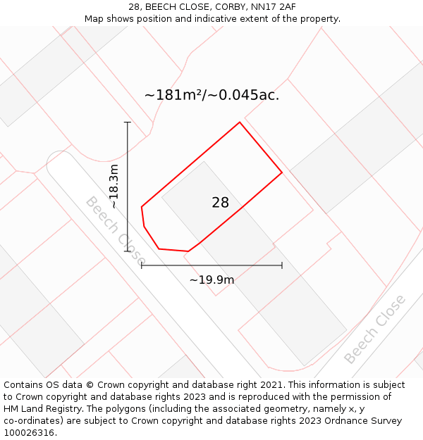 28, BEECH CLOSE, CORBY, NN17 2AF: Plot and title map