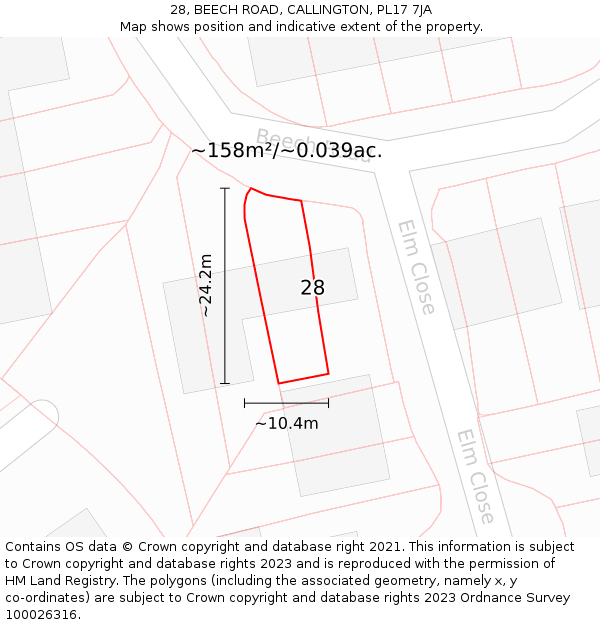 28, BEECH ROAD, CALLINGTON, PL17 7JA: Plot and title map