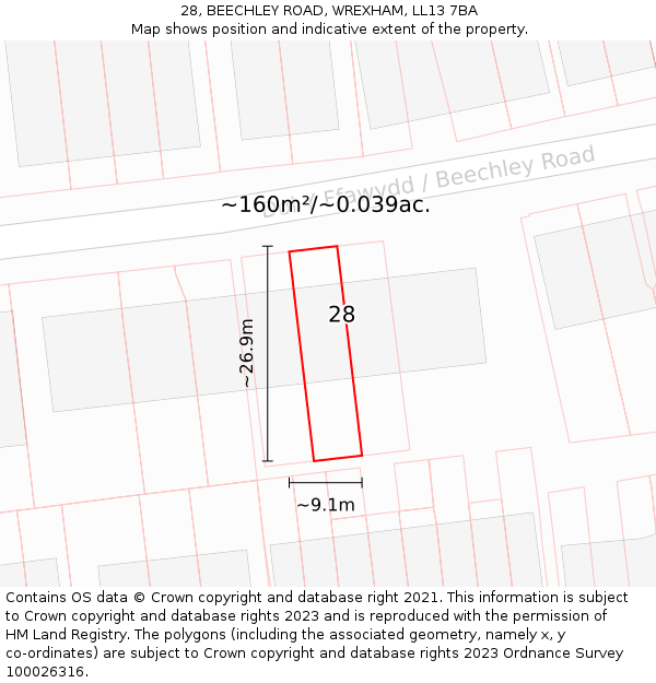 28, BEECHLEY ROAD, WREXHAM, LL13 7BA: Plot and title map